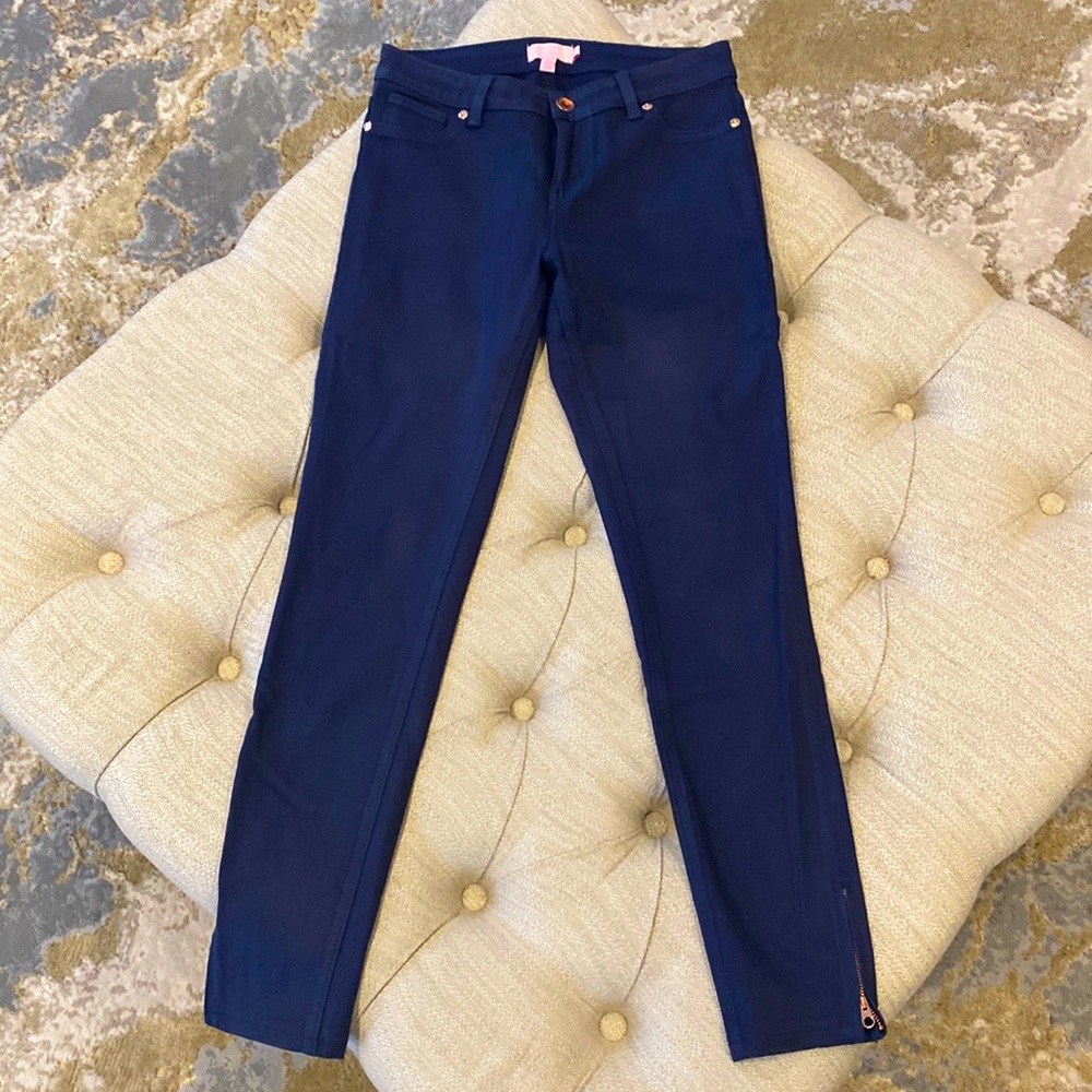 Ted Baker full length navy blue pant, rose gold button & ankle zipper detail